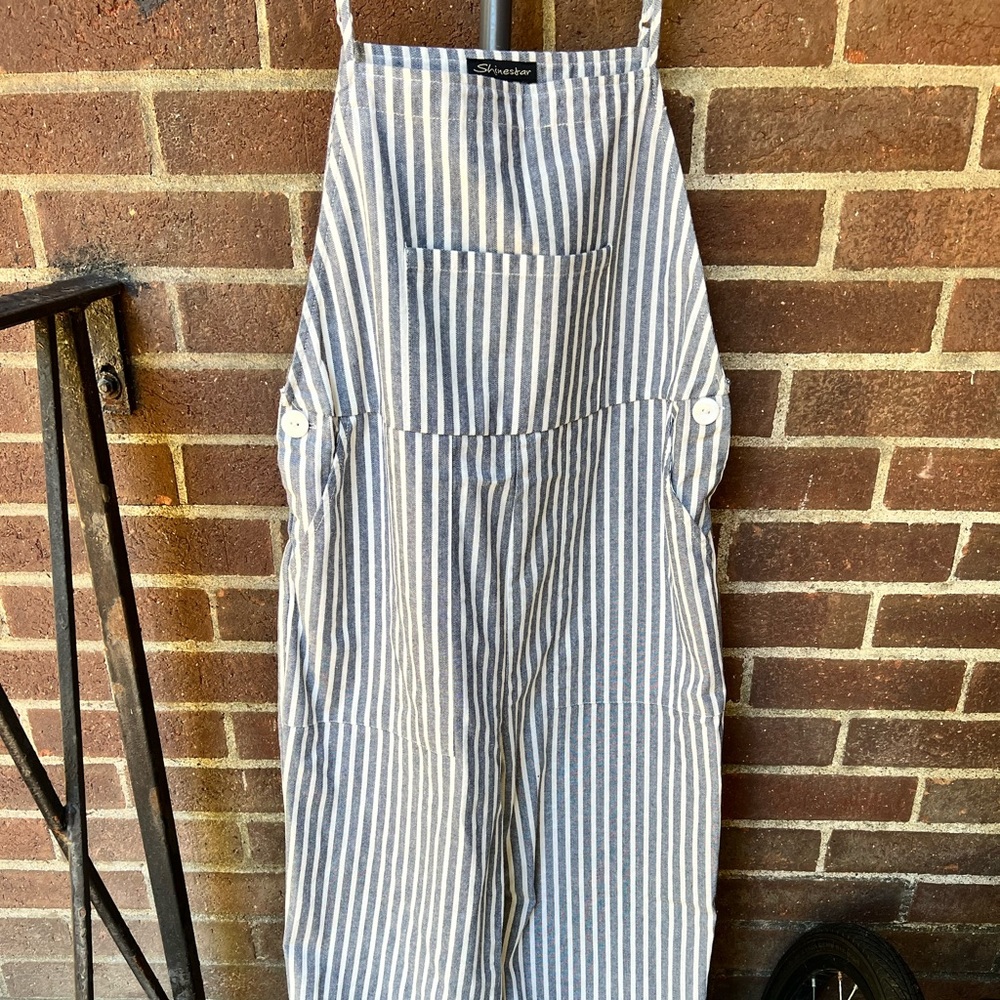 Size medium Shinestar overalls, white and blue striped.